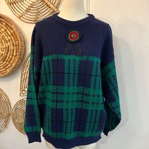 Vintage Newcomer Plaid Knit Sweater Navy Green Rosette Pin Preppy Academia L